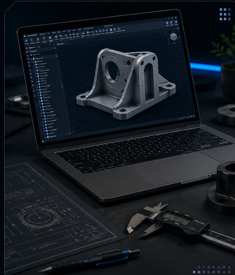 CAD workstation showing a mechanical bracket design with engineering drawings and measurement tools